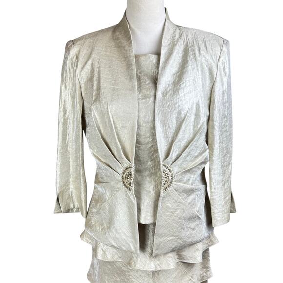 Jessica Howard Tan Gold Tiered Ruffle Sleeveless 2 Piece Jacket Formal Dress Set - Picture 11 of 16